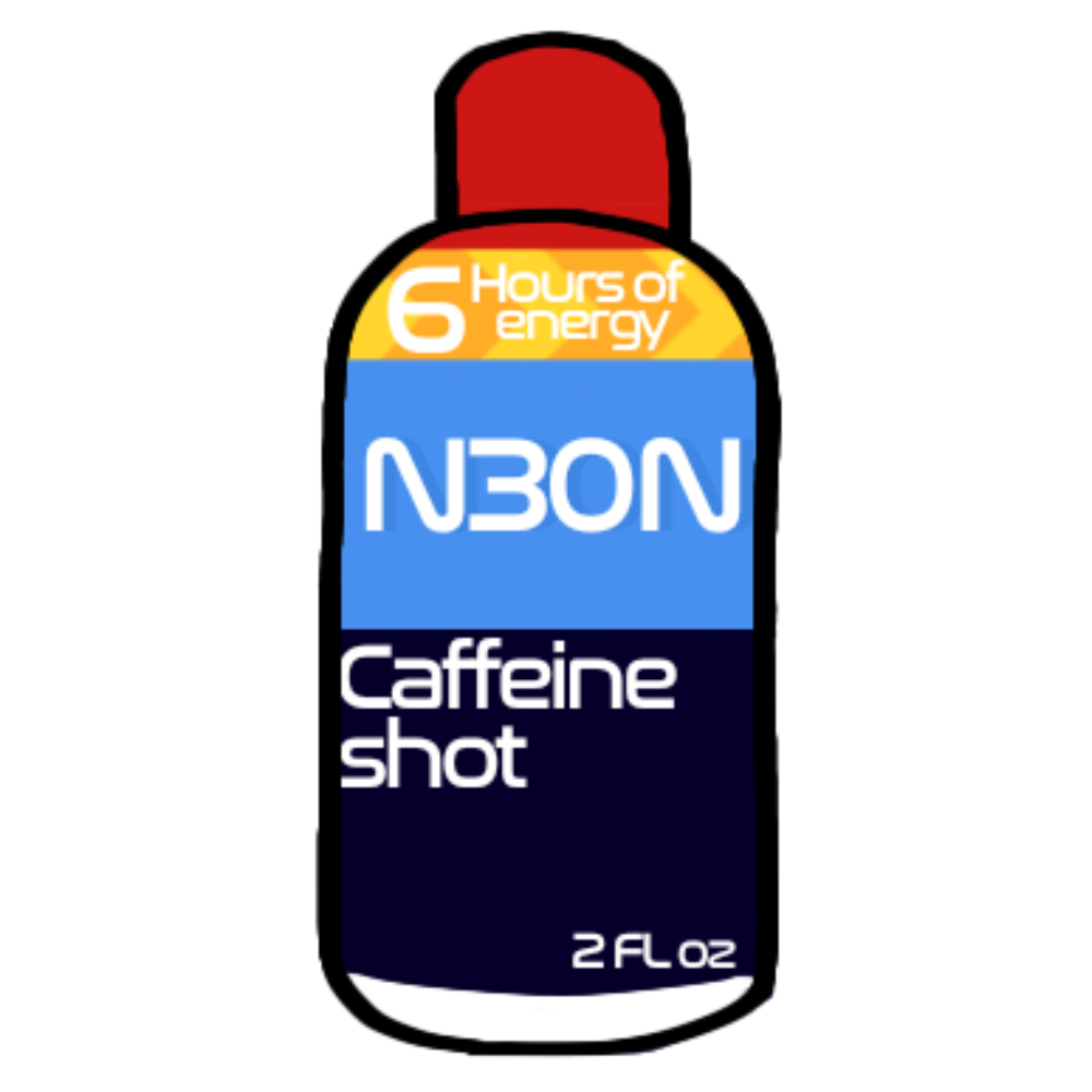 A drawing of a caffiene shot with a white border. It is a bottle with a red cap and a yellow, blue, and black label. Text on the label says '6 Hours of energy', 'N3ON', 'Caffiene shot', and '2 Fl oz'.